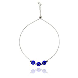 Pulsera 3 Ojos Turcos Azul Bolitas Plata Fina 925 Adaptable Azul TALLA UNICA