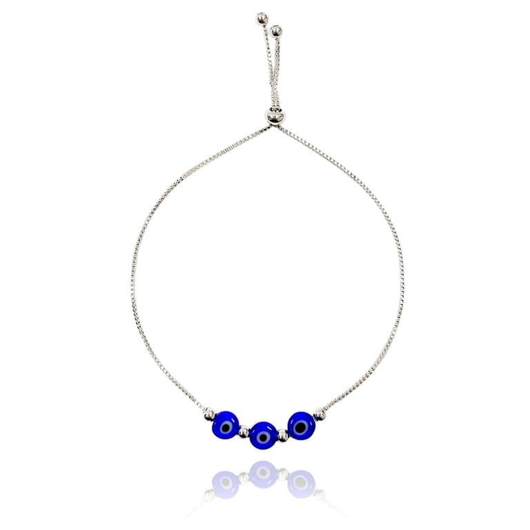Pulsera 3 Ojos Turcos Azul Bolitas Plata Fina 925 Adaptable Azul TALLA UNICA