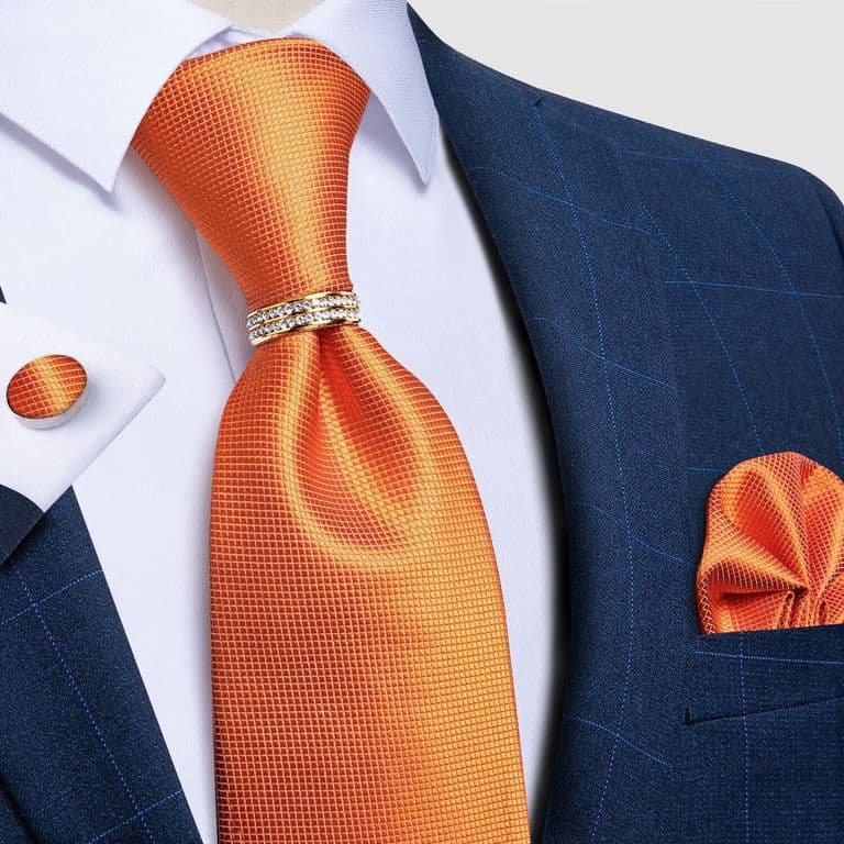 Corbata Hombre Seda En Caja Anillo Dorado Pano Colleras Set Pack Naranjo TALLA UNICA