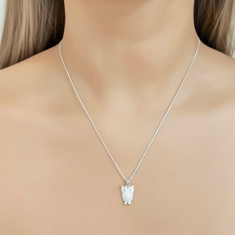 Collar Lechuza Circon Plata Fina 925 Plateado TALLA UNICA