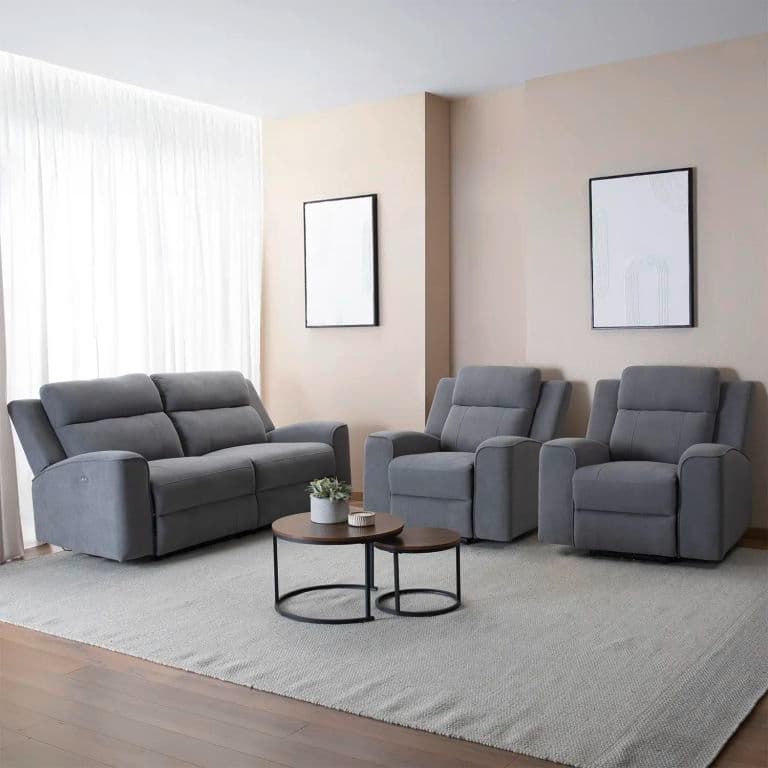 Living Reclinable Sofa 2 Cuerpos + 2 Bergers Electricos Montana Gris