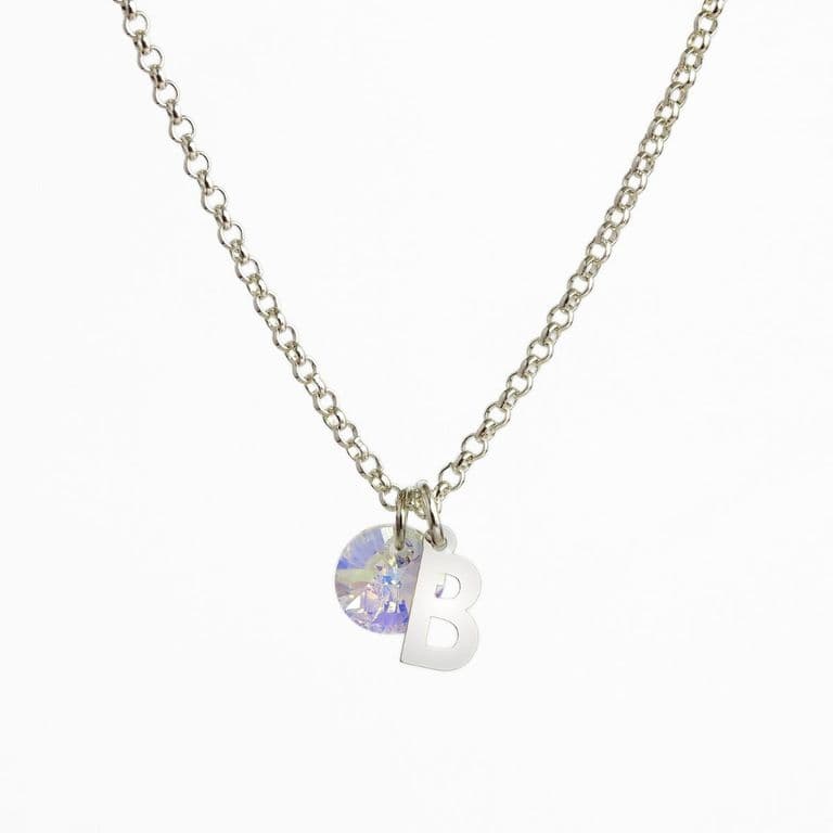 Cadena de Plata con Inicial y Cristal - B Plateado TALLA UNICA