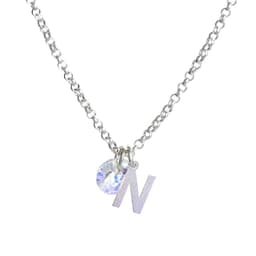 Cadena de Plata con Inicial y Cristal - N Plateado TALLA UNICA