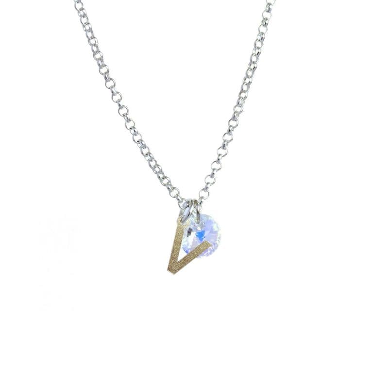 Cadena de Plata con Inicial y Cristal - V Plateado TALLA UNICA