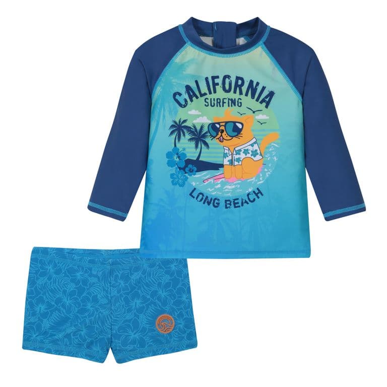Traje de Bano Bebe Nino Set UV50 MLarga Hot Pants Azul 9-12 MESES