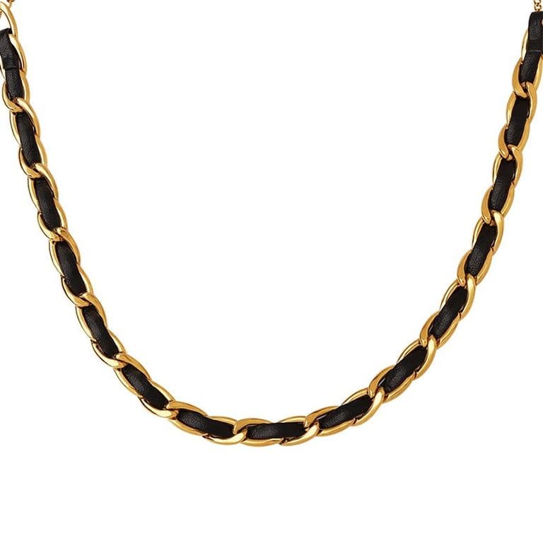 Collar Bano Oro 18k Choker Cadena Cuero Negro Dorado TALLA UNICA