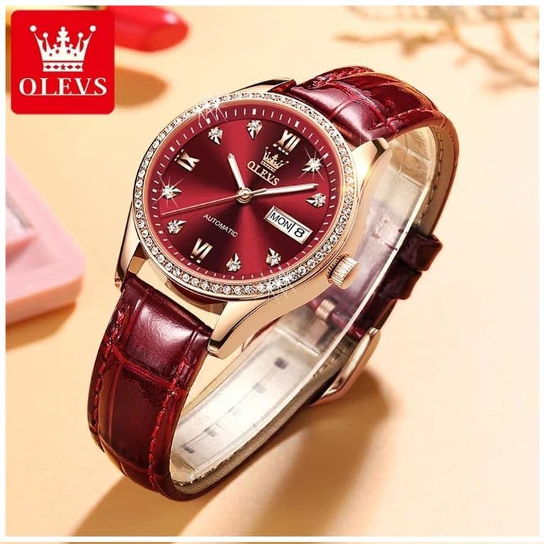 Reloj Automatico de Lujo para Mujer Correa de Cuero Burdeos Burdeos TALLA UNICA