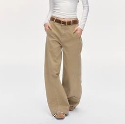 Pantalones Vaqueros Caqui de Cintura Alta Mujer Beige S