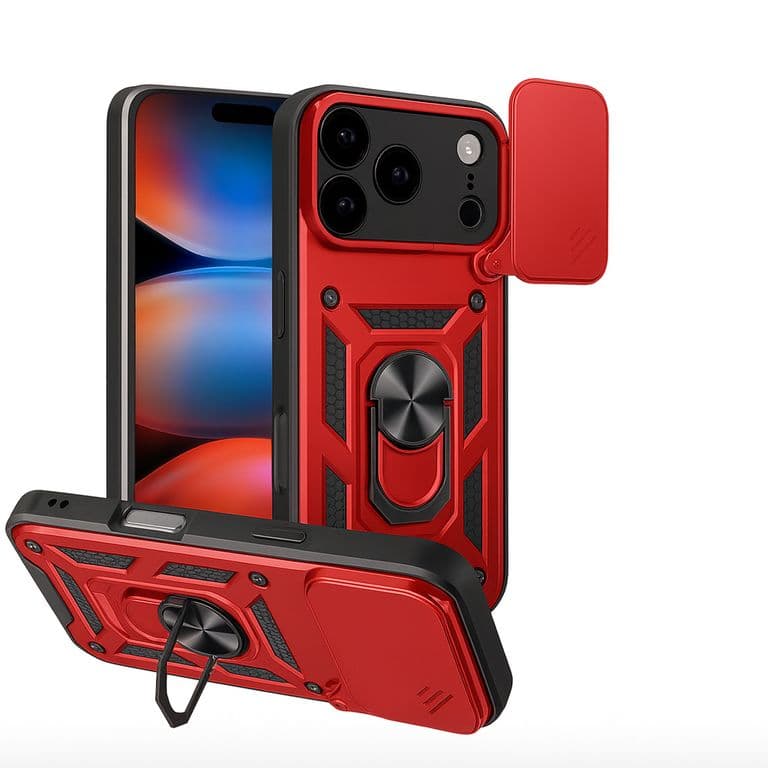 Carcasa Armadura Con Anillo Y Ventana Camara Para IPhone 17 Pro Rojo