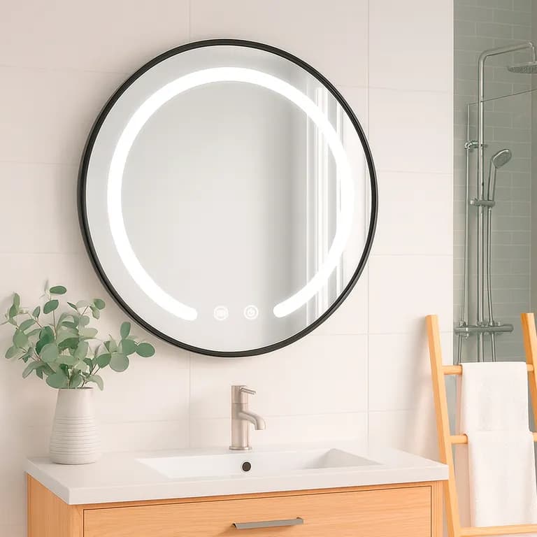 Espejo Redondo Marco Negro Touch con Luz Led 3 colores 60 cm.