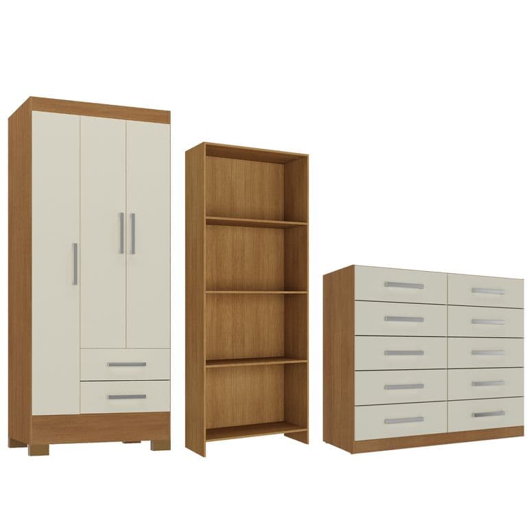 Combo Closet 3 Puertas + Comoda 10 Cajones Off White + Librero R321016