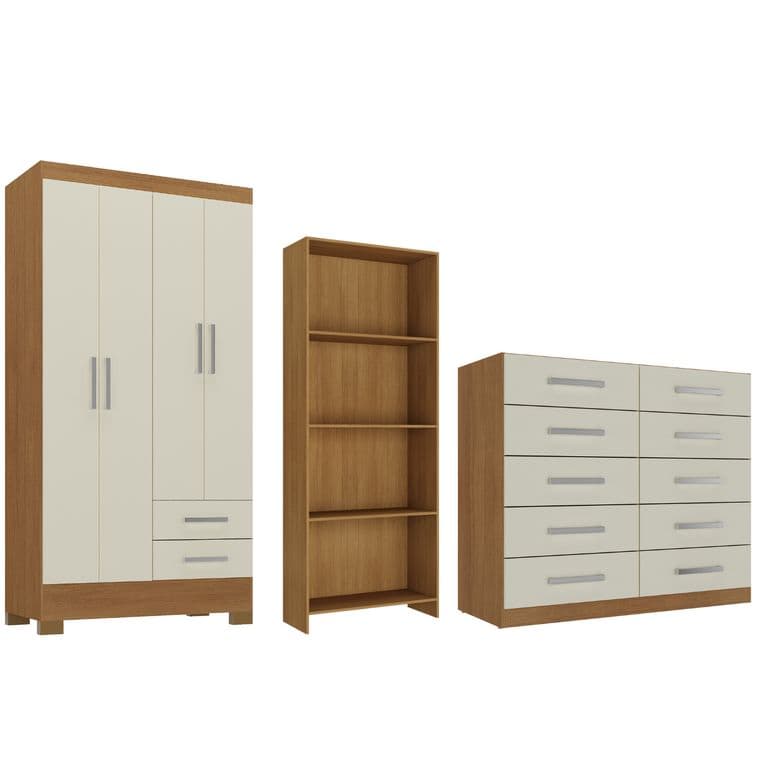 Combo Closet 4 Puertas + Comoda 10 Cajones Off White + Librero R421016