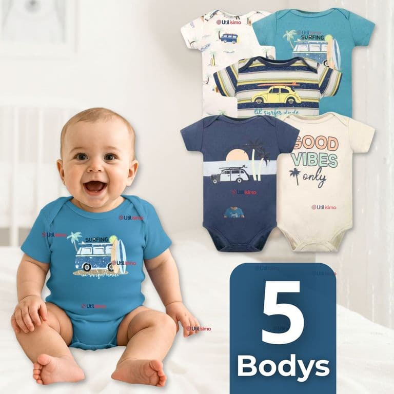 Pack 5 Bodys Nino Manga Corta 100% Algodon Baby on Board Multicolor 3-6 MESES