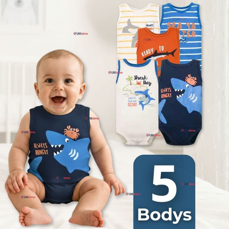 Pack 5 Bodys Nino Sin Manga 100% Algodon Baby shark Multicolor 3-6 MESES