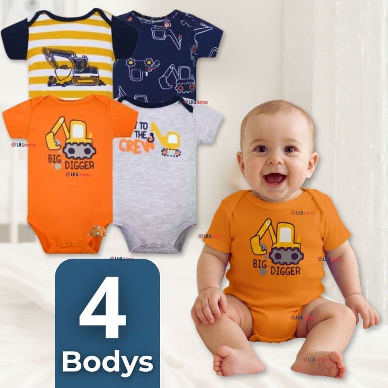 Pack 4 Bodys Manga Corta 100% Algodon Baby Builders in Action Multicolor 3-6 MESES