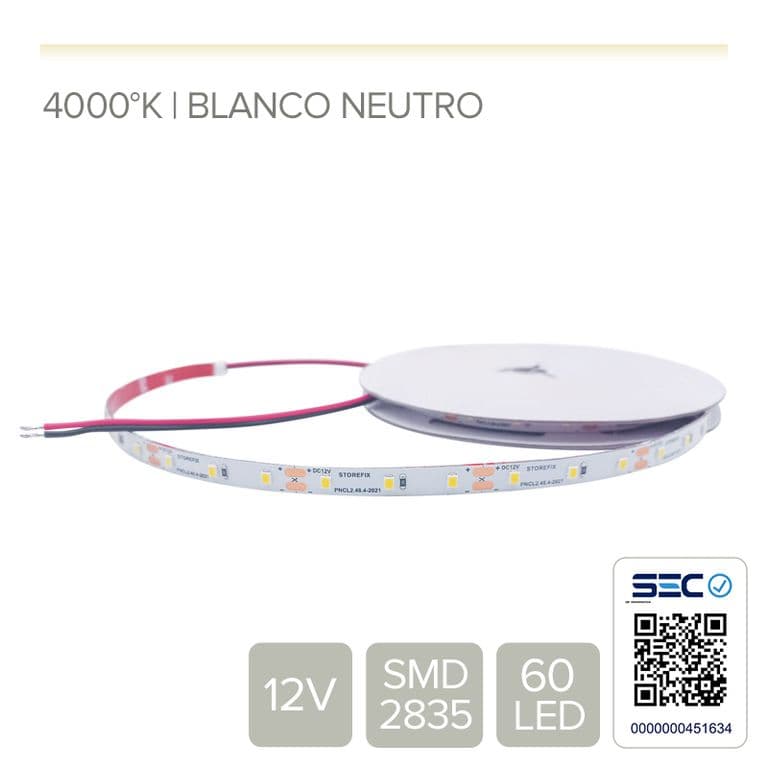 TIRA LED 12V BLANCO NEUTRO DE USO INTERIOR - (Rollo 5 mts)