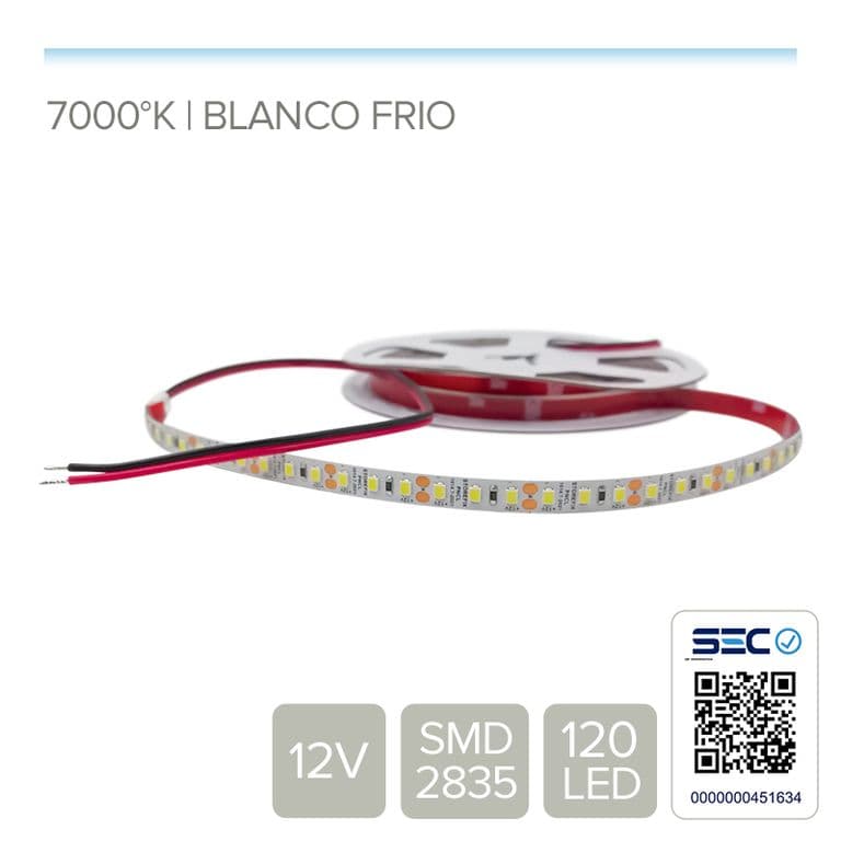 TIRA LED 12V LUZ BLANCO FRIO DE USO INTERIOR - (Rollo 5 mts)
