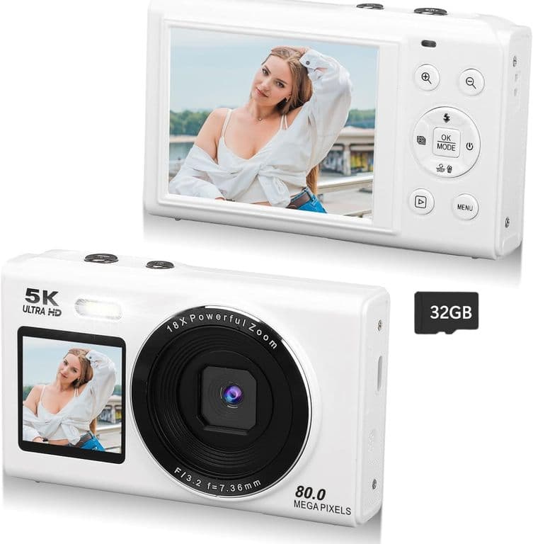 Camara Digital Doble Pantalla 80MP 5K con Zoom 18x y WiFi Blanco