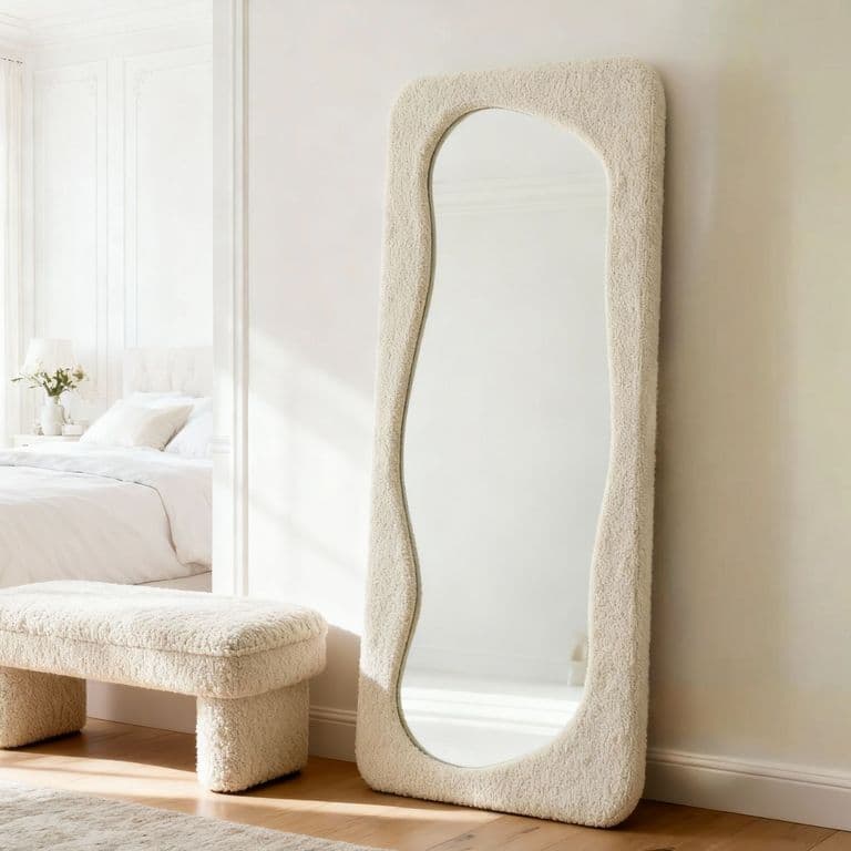 Espejo decorativo de cuerpo entero tapizado en tela boucle blanco 200x100 cm