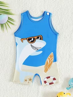 Traje de bano sin mangas con estampado de tiburon y tematica playera para chicos Multicolor 0-1 MES
