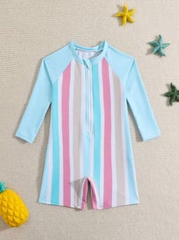 Traje de bano multicolor con rayas pastel y manga larga para chicas Multicolor 9-12 MESES