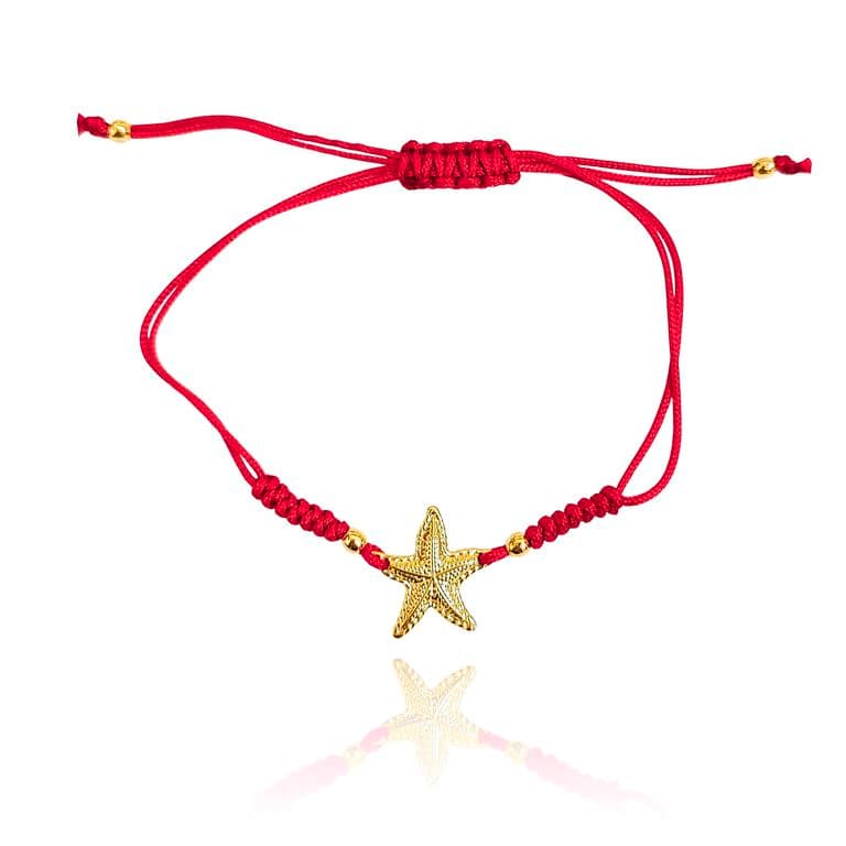 Pulsera Estrella De Mar Satinada Enchapada Oro 18K Cordon Rojo Dorado TALLA UNICA