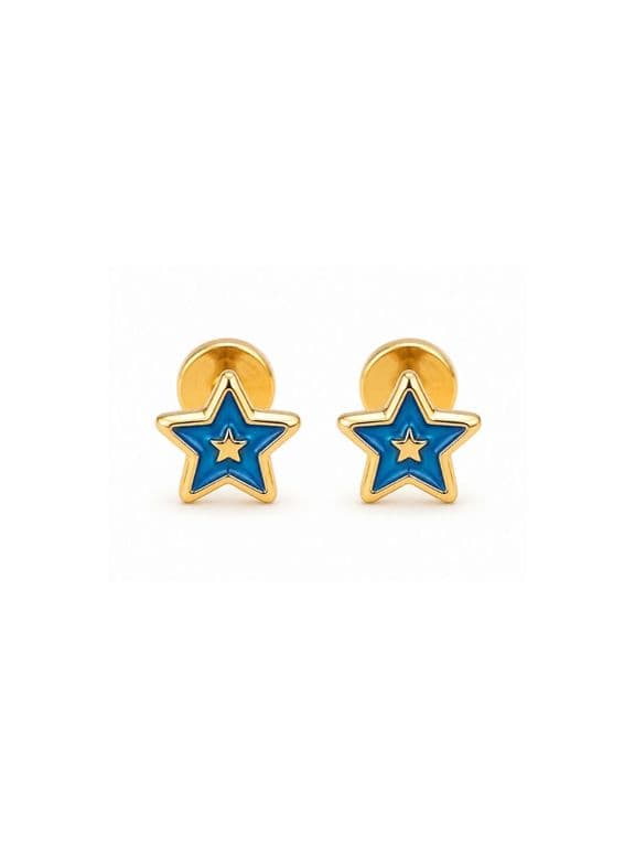 Aros Estrella Azul 5mm Oro 14K Abridores A Presion Bebe Nina Hipoalergenicos