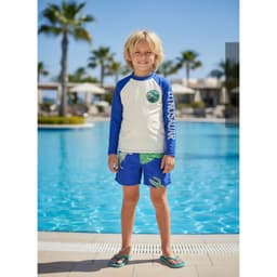 Conjunto De Bano Ninos Short Polera Gorro Manga Larga Dino 0060 Azulino 6