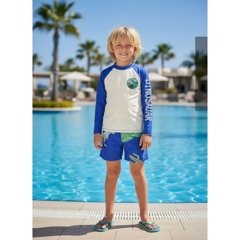 Conjunto De Bano Ninos Short Polera Gorro Manga Larga Dino 0060 Azulino 6