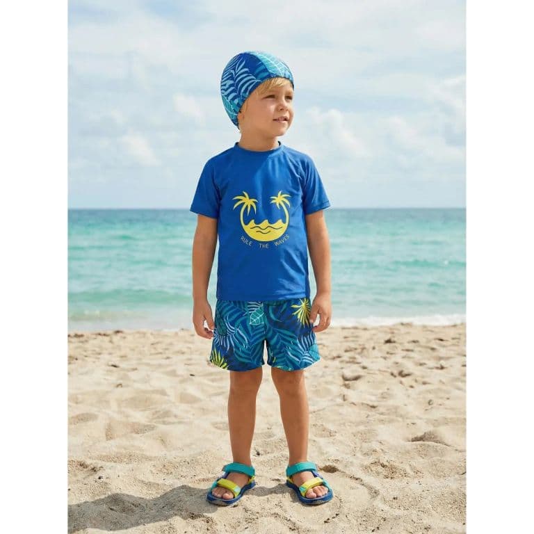 Conjunto De Bano Ninos Jovenes Short Polera Gorro Manga Corta Palmeras 0062 Azulino 12
