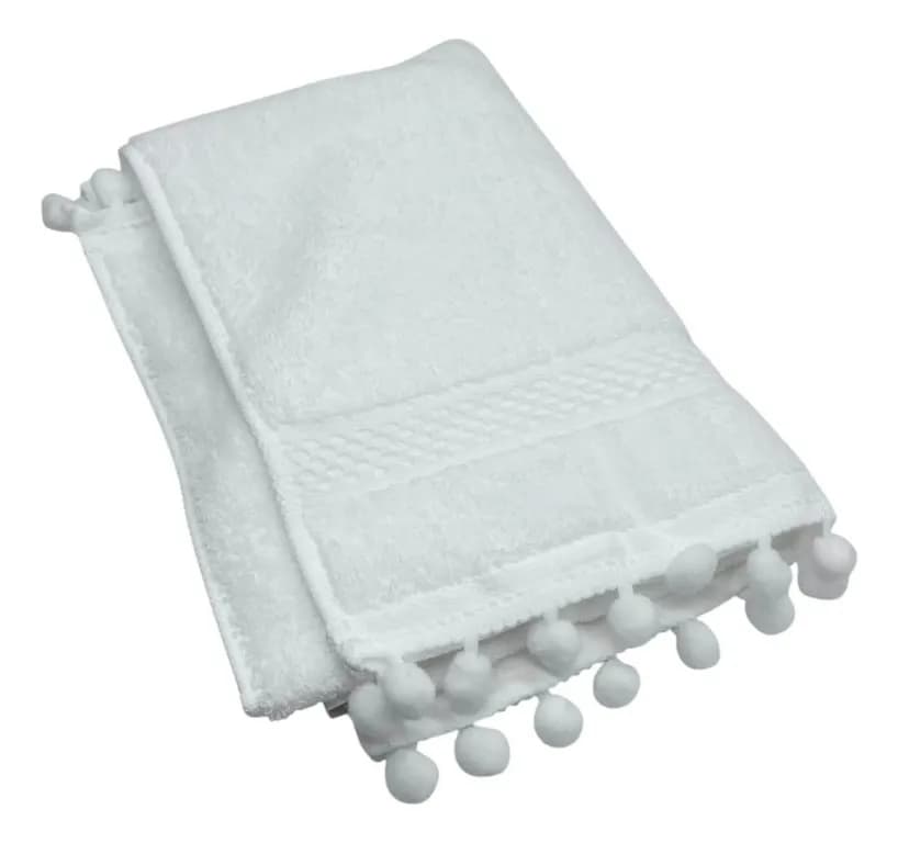 Toalla De Bano Algodon Pompones Toalla Fina Elegante 70x34cm - Blanco