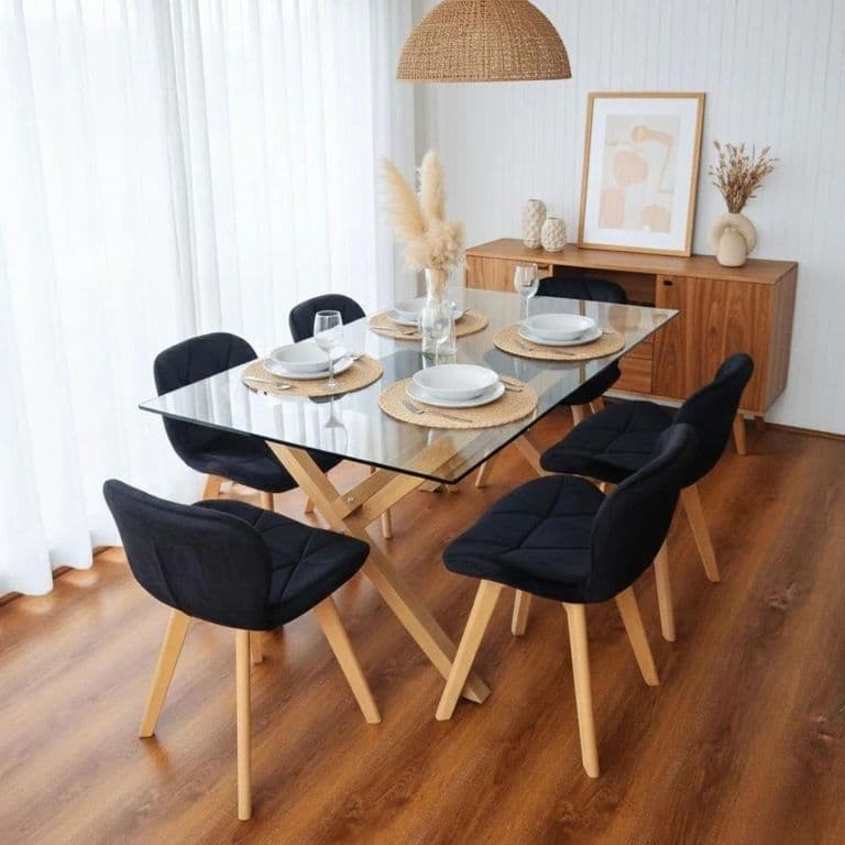 Comedor Moderno Mesa Xinia 140x90 + 6 Sillones Rubik Velvet Negro Negro