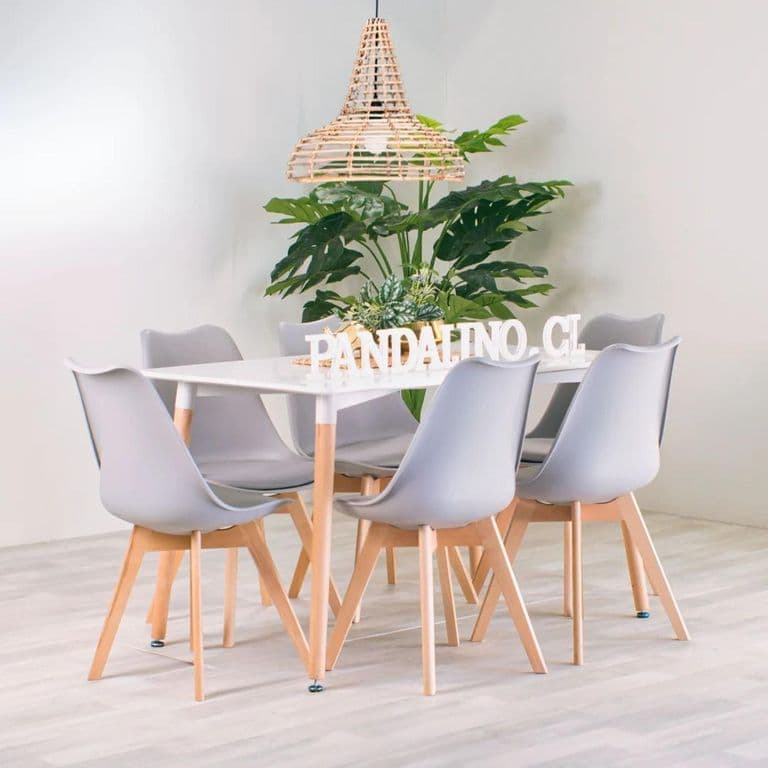 Comedor Mesa Rectangular Brunell 120x80 Blanca + 6 Sillas Tulip Gris Gris claro
