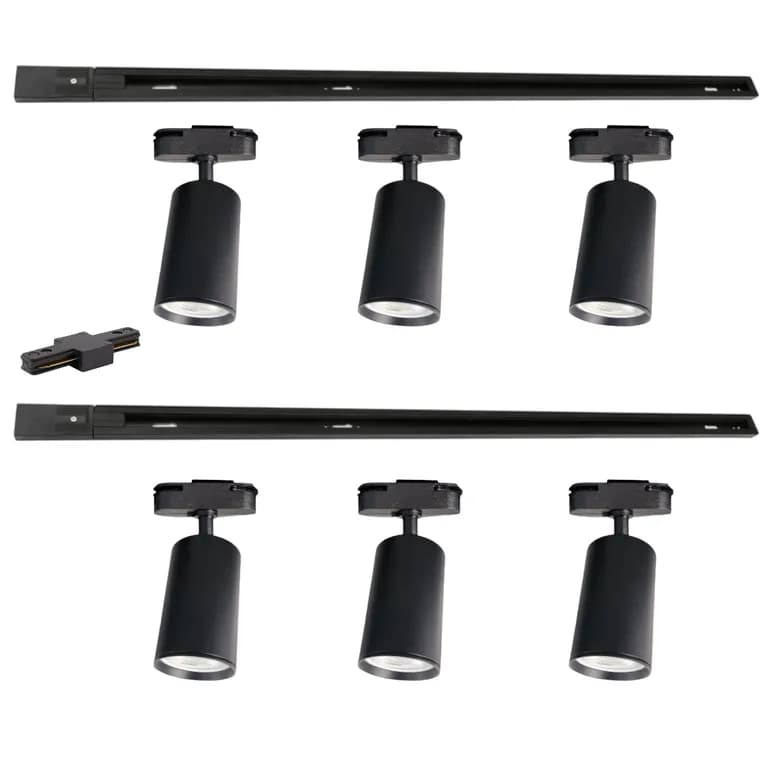 Lampara 6 Focos Cilindros Luz Fria con 2 Riel de 1mt Negro