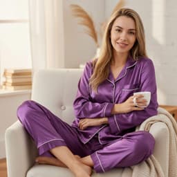 Pijama Mujer Satinado 2 Piezas Manga Larga Botones Colores 038 Morado S