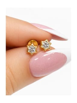 Aros Abridores Estrella 6 Puntas 5mm Oro 18K Circon Blanco A Presion Bebe Nina Segundo Hoyo