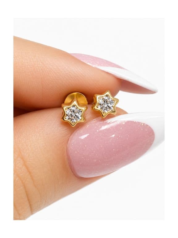 Aros Abridores Estrella 6 Puntas 5mm Oro 18K Circon Blanco A Presion Bebe Nina Segundo Hoyo