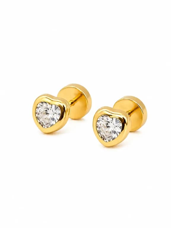 Aros Abridores Corazon 5 mm Oro 18K con Circon Blanco y Tope a Presion No1