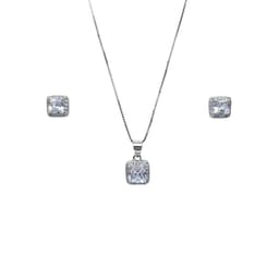 Collar + Aros Rectangular Circon Rodinado 45cm Plata 925 Plateado 45