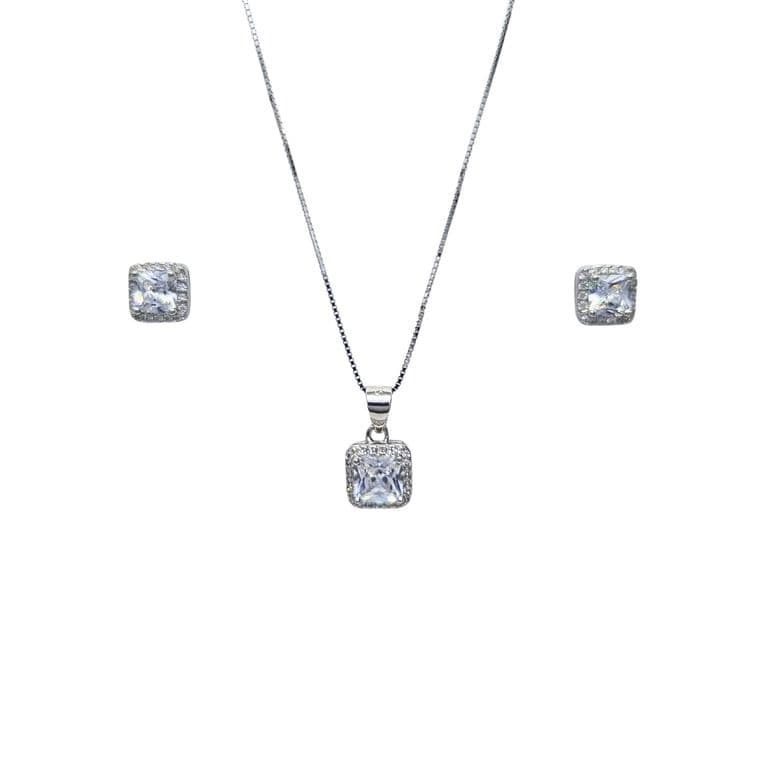 Collar + Aros Rectangular Circon Rodinado 45cm Plata 925 Plateado 45