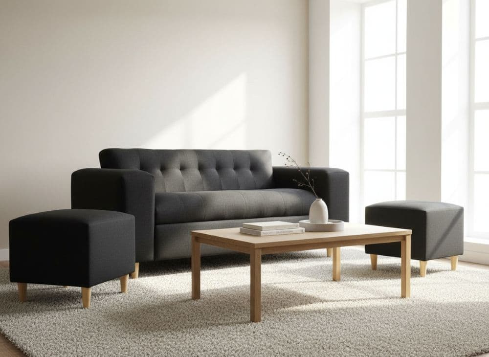 SOFA TRES CUERPOS MAS DOS PUFF NEGRO LINO