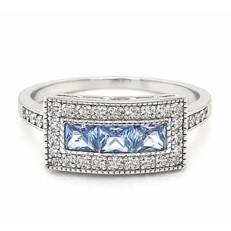 Anillo Art-Deco Vintage Rectangular Agua Marina Plata 925 Celeste 10