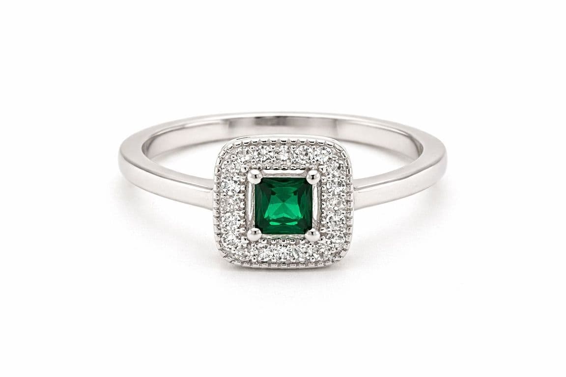 Anillo Halo Esmeralda Plata 925 Verde 10
