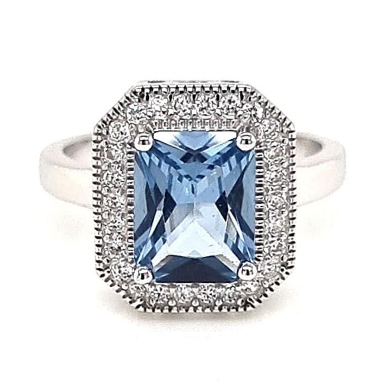 Anillo Rectangular Agua Marina Riel Plata 925 Celeste 10