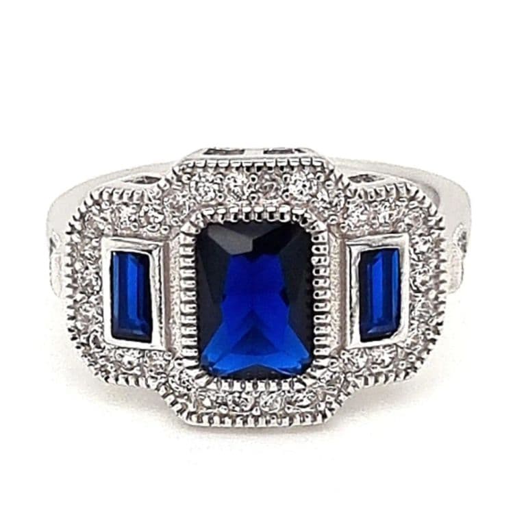 Anillo Art-Deco Vintage 3 Zafiros Plata 925 Azul 10