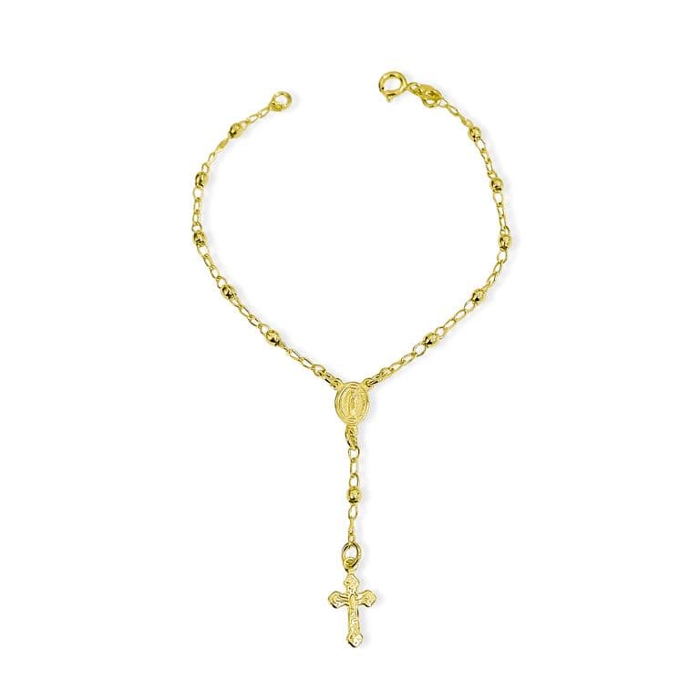 Pulsera Denario Virgen Rayos Cruz Cristo Bolitas Enchapado Oro 18K Dorado TALLA UNICA