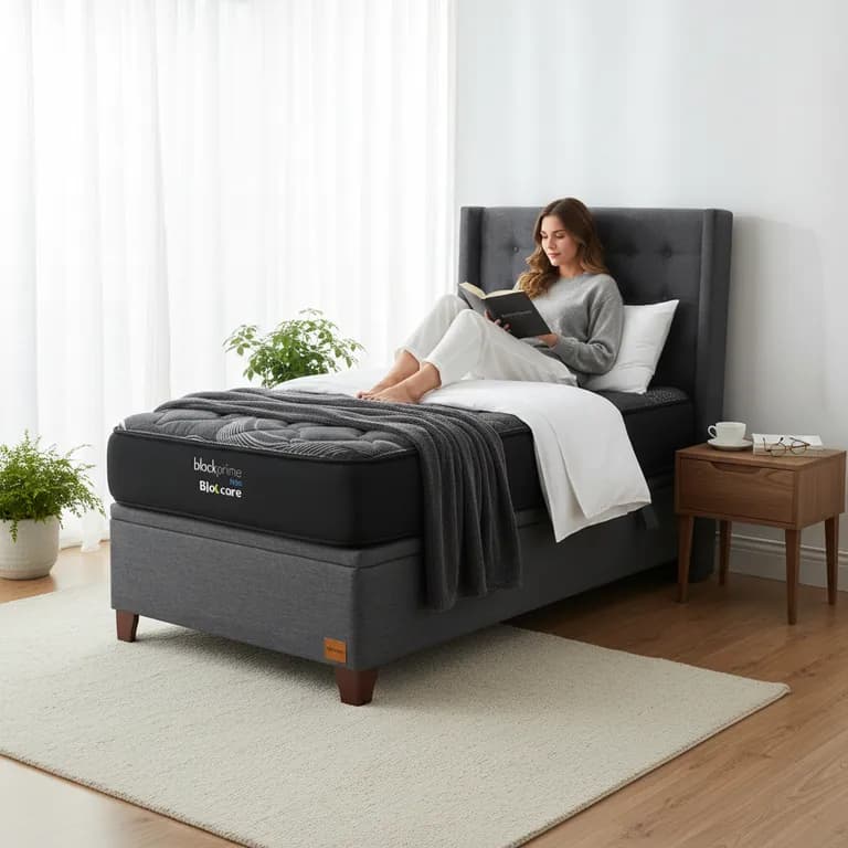 Cama Baul 1 Plaza L190 cm + Colchon Black Prime - Modelo Uno + Respaldo / Con Patas de 11 cm