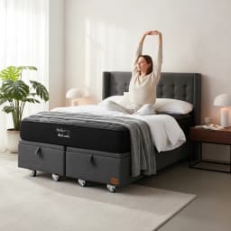 Cama Baul King L200 cm + Colchon Black Prime - Modelo Uno + Respaldo Rueda Logo (Gris)