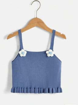 Top Nina de Punto Azul Sin Mangas con Flores y Vuelo Azul 4 ANOS
