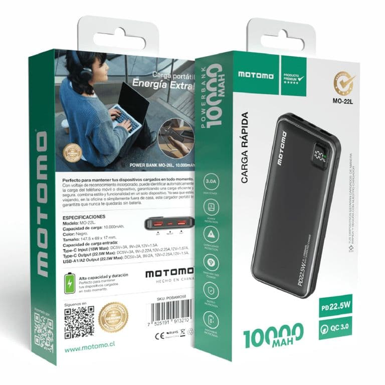 Bateria Externa Power Bank 10000ma 22.5W MO-22L Negro